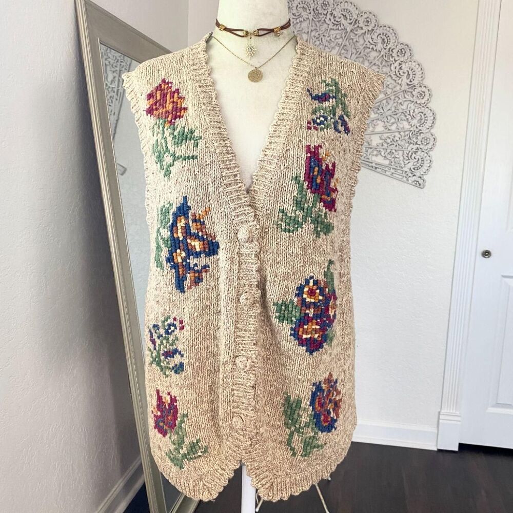 Vintage Teddi Cotton Coquette Fairy Cottage Floral Embroidered Sweater Vest M